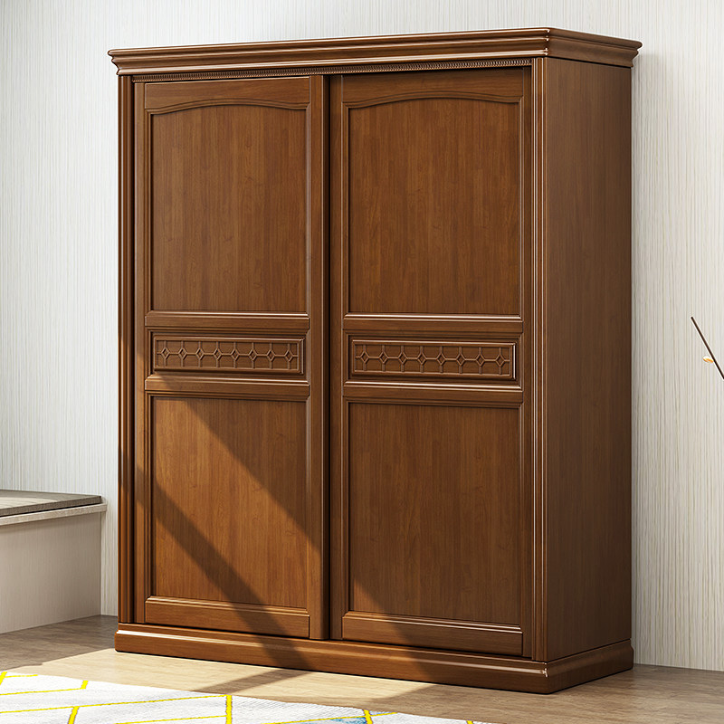 Solid wood wardrobe new Chinese style bedroom furniture storage large wardrobe sliding door modern minimalist rubber wood wardrobe