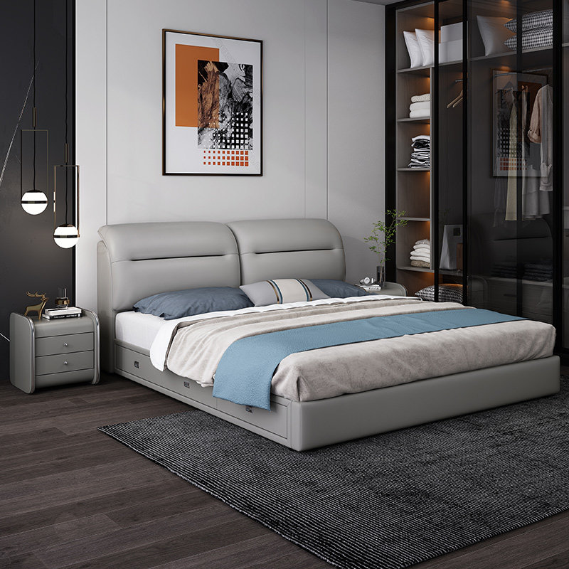 Leather bed light luxury modern master bedroom big bed soft package 1 8m double bed wedding bed tatami bedroom simple wind bed