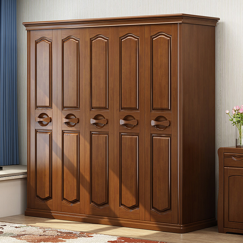 Solid wood wardrobe new Chinese style three four five six door large wardrobe double door wardrobe modern minimalist bedroom furniture