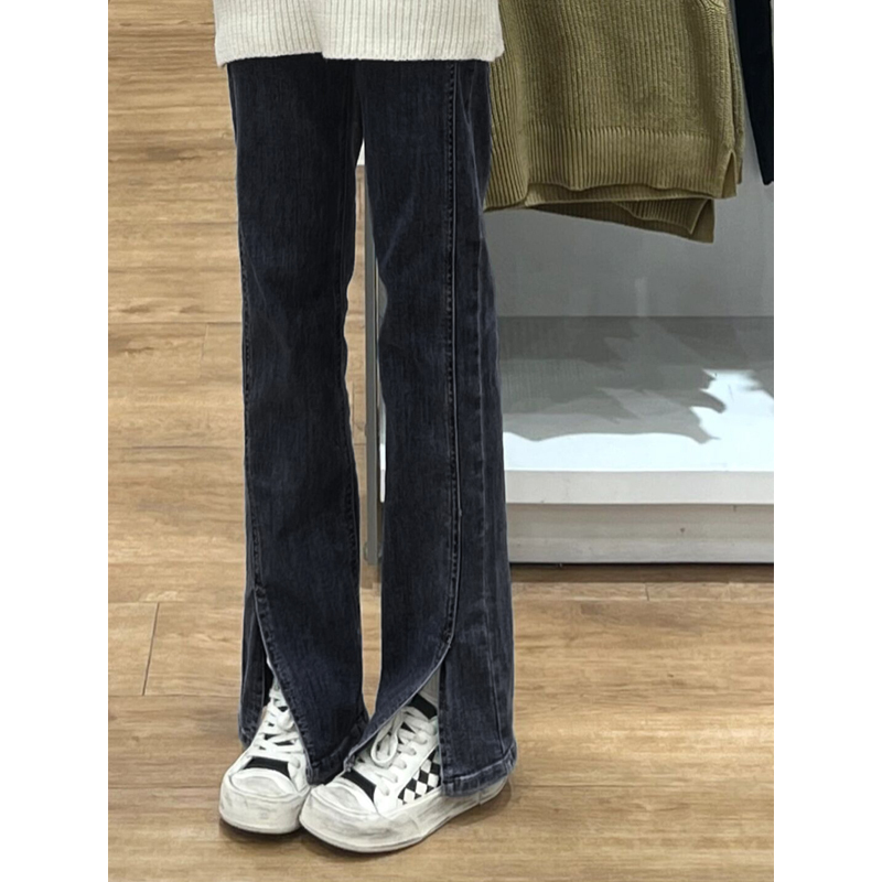 Plus Size Women's Slit Denim Pants, Spring High-Waisted Design, Niche Straight-Leg Wide-Leg Pants, High Street Fashion ins