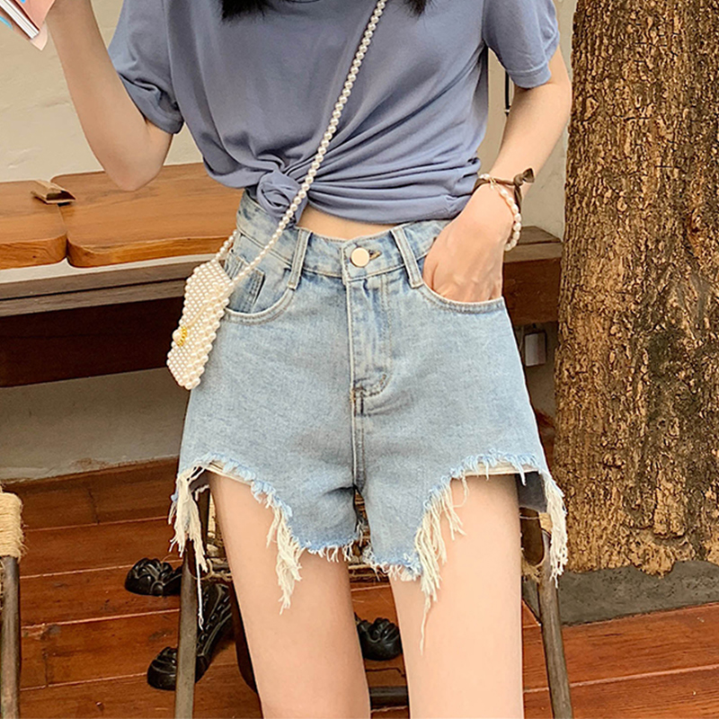 Broken Hole Cowboy Shorts Woman High Waist A Character Irregular Loose Broadleg 2022 Summer New Light Color 100 Lap Hot Pants