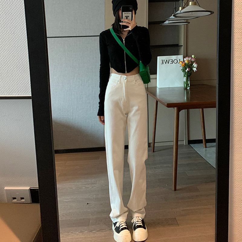 Off-white jeans women's elastic high waist thin all-match spring clothes 2022 new lengthened tall straight pants