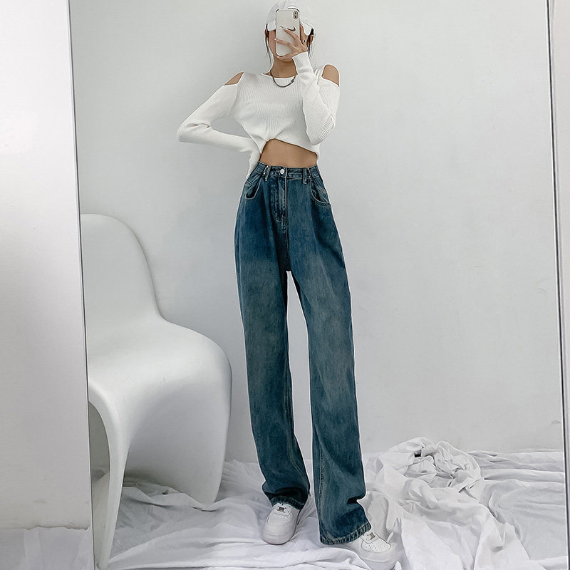 Loose wide-leg jeans women's high waist drape straight tube 2021 spring and autumn new mopping large size navy blue pants