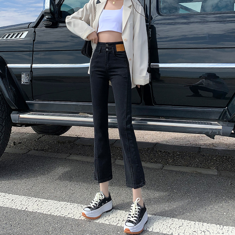 Black high-waisted slim straight jeans women's split elastic spring clothes all-match 2022 new style slimming nine-point cigarette pipe