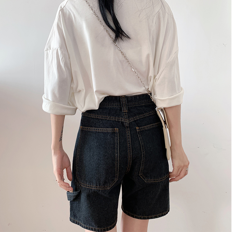Black Grey Denim Shorts Female Summer Loose 2022 New web Red Thin High Waist Wide Pants External Wear Chains