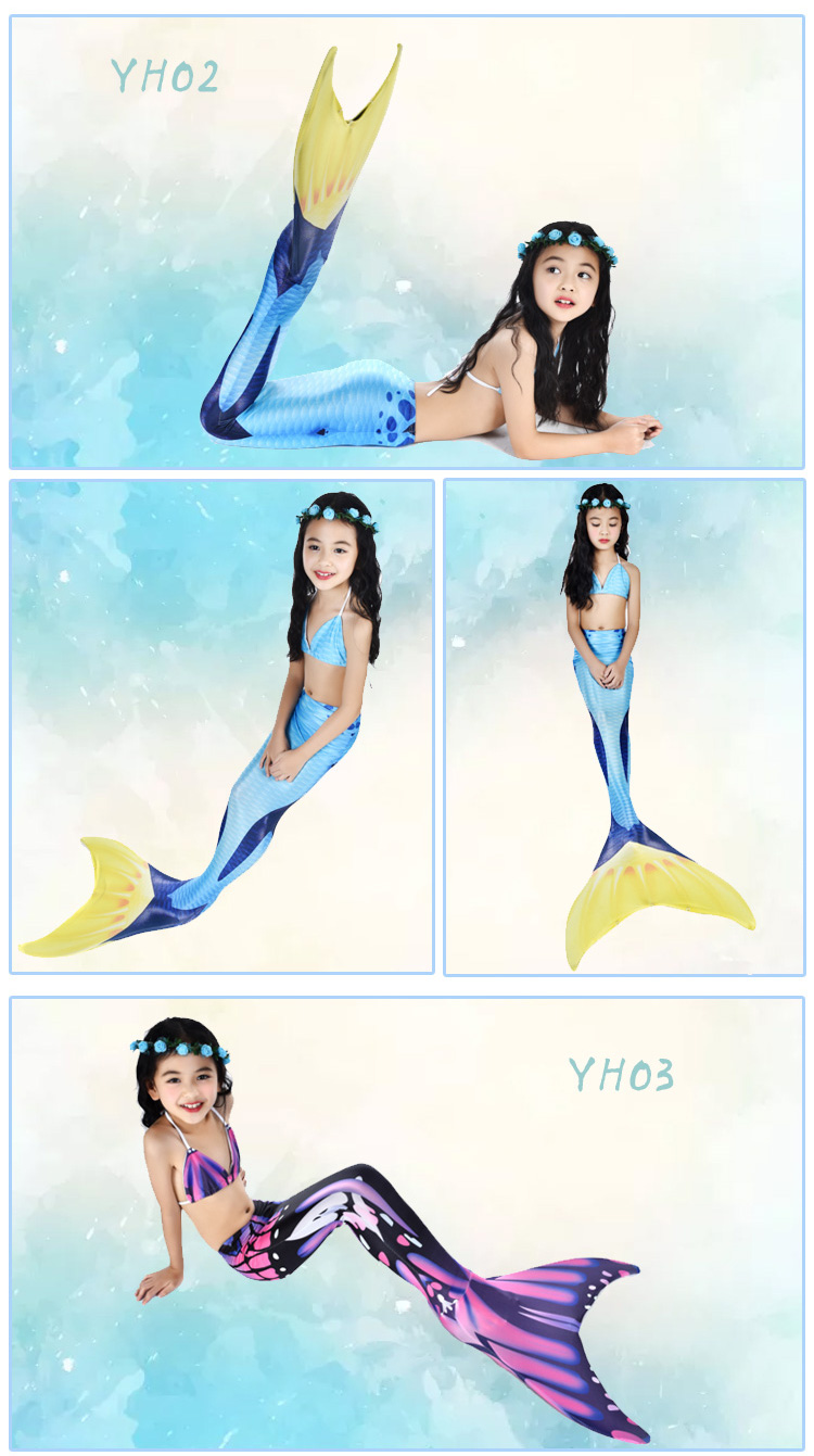 Trẻ em của nàng tiên cá áo tắm nàng tiên cá đuôi cô gái mermaid costume swimwear ba mảnh có thể được trang bị mắt cá chân