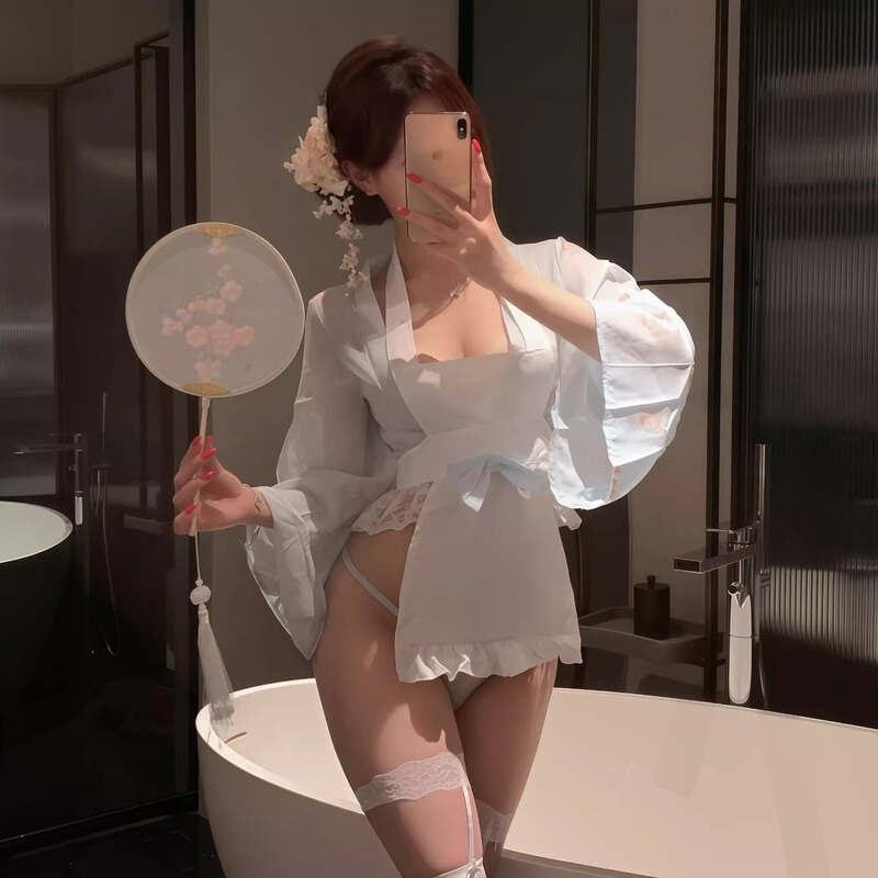 Japanese-Style Sexy Kimono V-Neck Cherry Blossom Dress, Waist-Cinching, Slimming, with Built-In Bra, T-Back, Bell Sleeves, Uniform Short Skirt Qqny