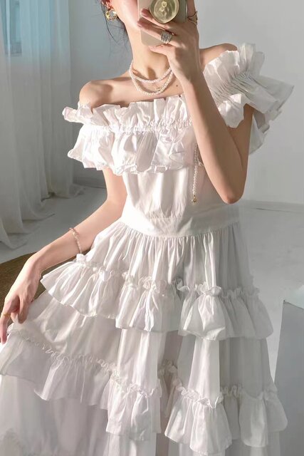 2022 summer French one-word collar off-the-shoulder wooden ears tube top dress fairy seaside holiday long skirt dress