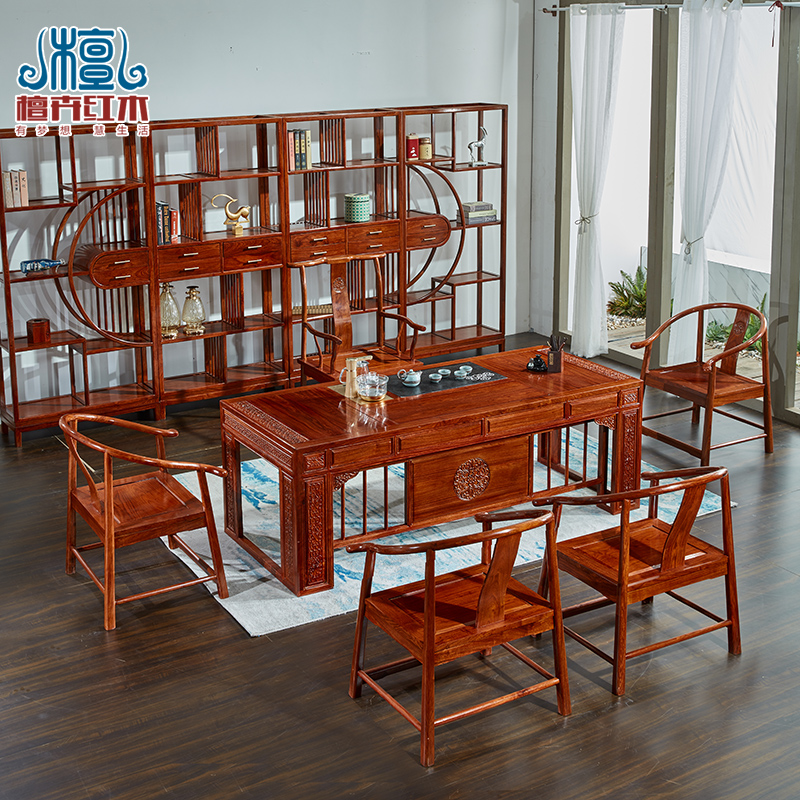 2 m red wood tea table and chairs combined solid wood New Chinese style Gongfu tea table flower pears wood hedgehog purple sandalwood office guests table