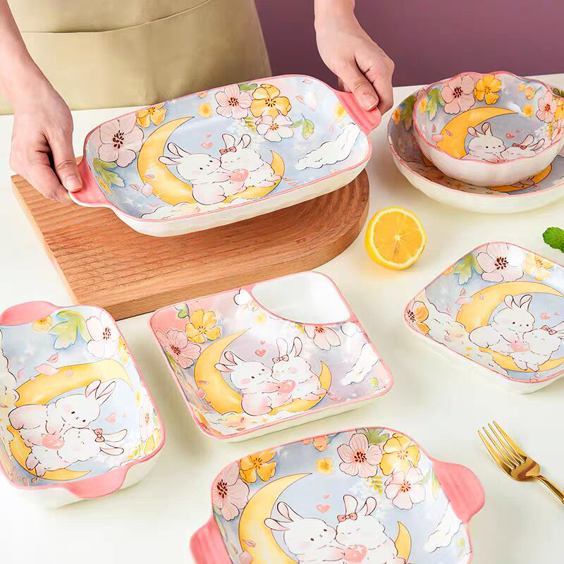 Household Ceramic Bowls and Plates, Ceremonial Tableware for One Person, Cartoon Cute Garden Rabbit Practical Set, 2023 Year of the Rabbit Household Ceramic Bowls and Plates, Ceremonial Tableware for One Person, Cartoon Cute Garden Rabbit Practical Set, 2023 Year of the Rabbit