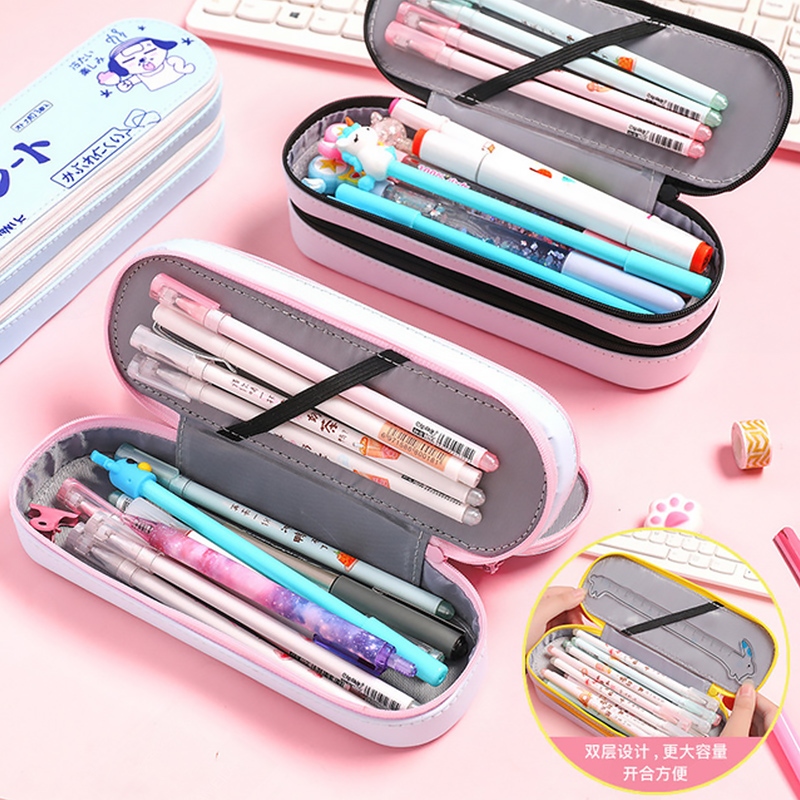 Korean version thickened double-decker pen box Creative online red girl PU waterproof pencil case boy 2021 new large capacity