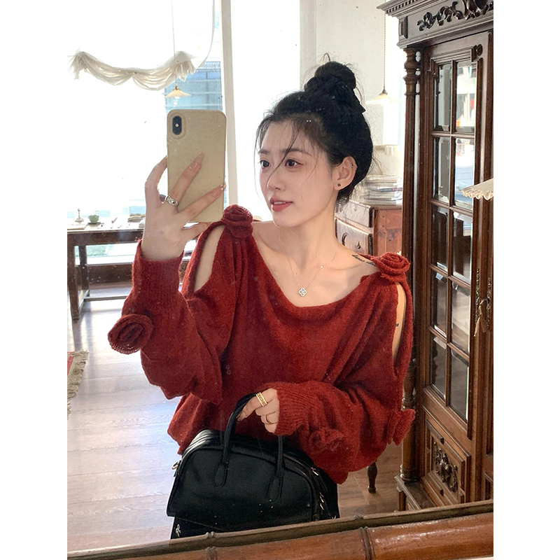 An Maiden High-End Vintage Red Knit Sweater for Women, Autumn and Winter, Three-Dimensional Floral Hollow-Out Off-Shoulder Elegant Sweater An Maiden High-End Vintage Red Knit Sweater for Women, Autumn and Winter, Three-Dimensional Floral Hollow-Out Off-Shoulder Elegant Sweater