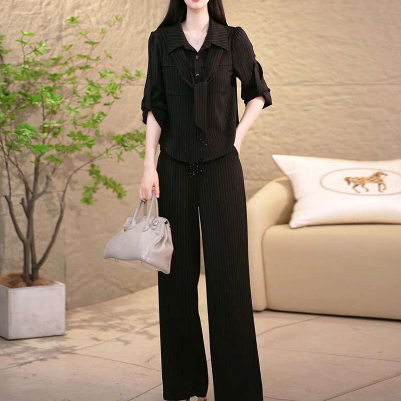2026 Autumn New Elegant Mom Shirt and Straight-Leg Pants Two-Piece Set, Light Luxury High-End Striped Casual Suit for Women