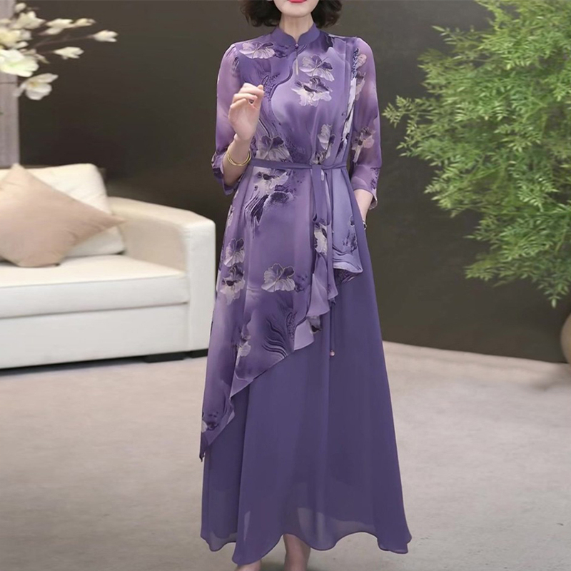 New Chinese-Style Stand-Up Collar Purple Printed Elegant Faux Two-Piece Dress, Summer New Model, Mother's Tummy-Covering National Style Long Dress New Chinese-Style Stand-Up Collar Purple Printed Elegant Faux Two-Piece Dress, Summer New Model, Mother's Tummy-Covering National Style Long Dress