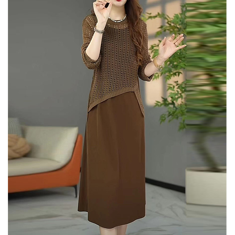 Plus Size Women's Fashion Casual Dress Hollow Knit Sweater Two-Piece Set Autumn New Style Belly-Covering Over-The-Knee Skirt Plus Size Women's Fashion Casual Dress Hollow Knit Sweater Two-Piece Set Autumn New Style Belly-Covering Over-The-Knee Skirt