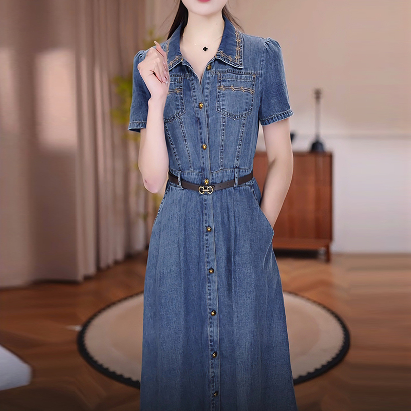 Light Luxury Style Waist-Cinching Slimming Shirt Denim Dress Summer 2026 New Plus-Size Casual Age-Reducing Denim Dress