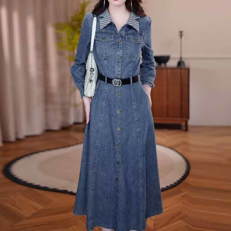 Korean Style High-Waisted Long-Sleeved Denim Dress for Women 2026 Autumn New Fashion Waist-Slimming Mid-Length Denim Skirt