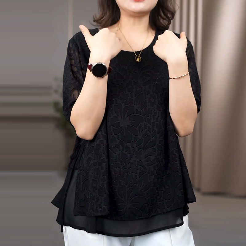 High-End Fashion Dark Pattern Jacquard Black Round Neck Lace Top for Women, New Summer Style, Large Size, Loose Fit, Middle-Aged and Elderly Blouse High-End Fashion Dark Pattern Jacquard Black Round Neck Lace Top for Women, New Summer Style, Large Size, Loose Fit, Middle-Aged and Elderly Blouse