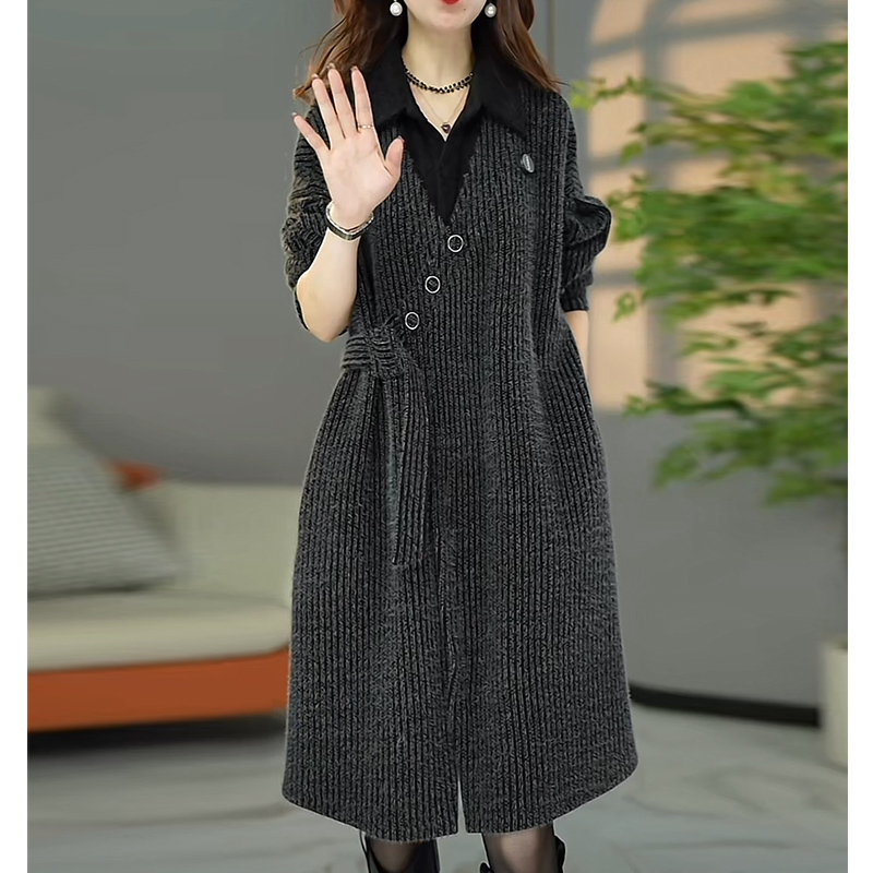 Light Luxury Fashion Thickened Warm Spring and Autumn Dress, Faux Two-Piece European Style Loose Slimming Elegant Age-Reducing Base Dress