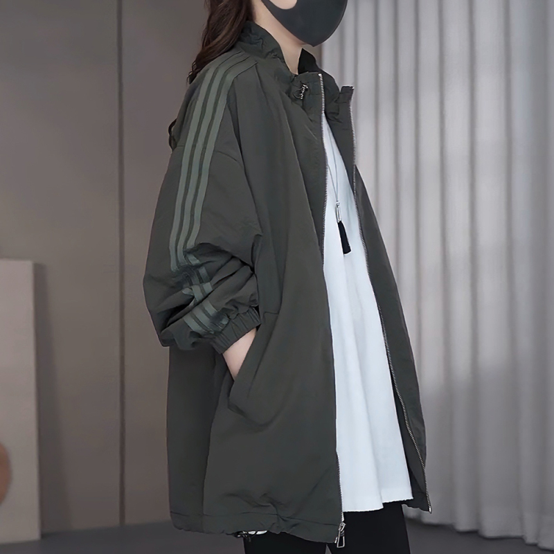 Korean Style Oversize Army Green Striped Jacket for Women, Spring and Autumn Drawstring Hem Casual Plus Size Workwear Jacket Trendy