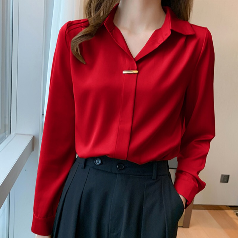 High-End Red Satin Professional Blouse for Women in Their Zodiac Year of the Ox, 2026, Stylish Chiffon Long-Sleeve Shirt