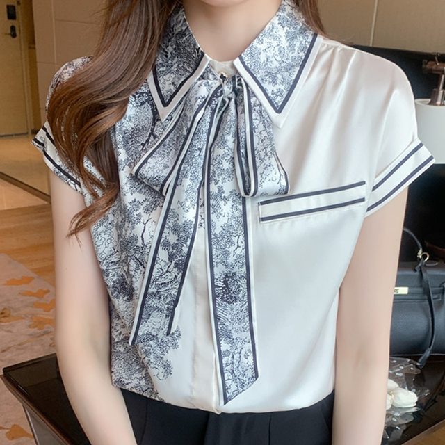 European goods 2023 summer satin chiffon shirt female short-sleeved ribbon bow ink printing all-match top shirt