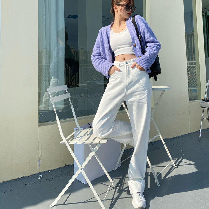 170 Lengthened White Jeans Women's Autumn Tall 175 Loose Wide Legs High Waist Thin Straight Tube Vertical Mopping Pants
