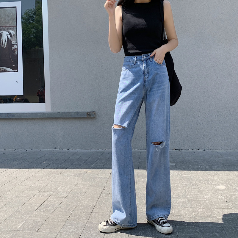 170 lengthened summer thin section high waist straight tube thin loose ripped jeans women 175 tall mopping trousers