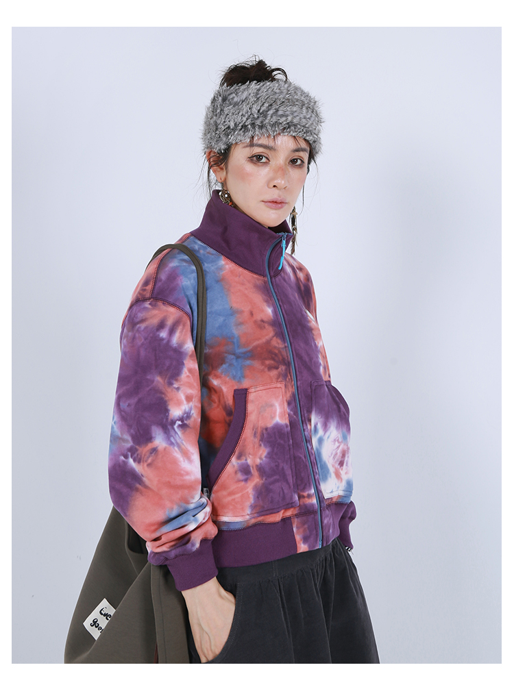 Women's small high collar tie-dyed cardigan sweater casual slim pure cotton baseball jacket - Women's Casual & Functional Jackets - Cotton & Hemp