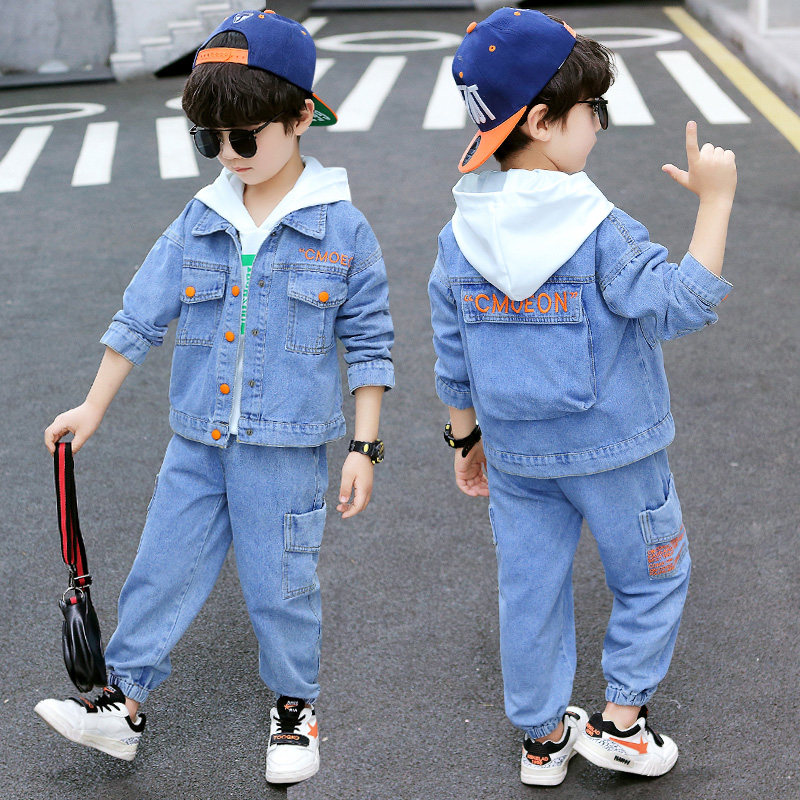 Boys spring suit denim two-piece set 2021 new spring and autumn season in the big boy Ocean school children's denim trend