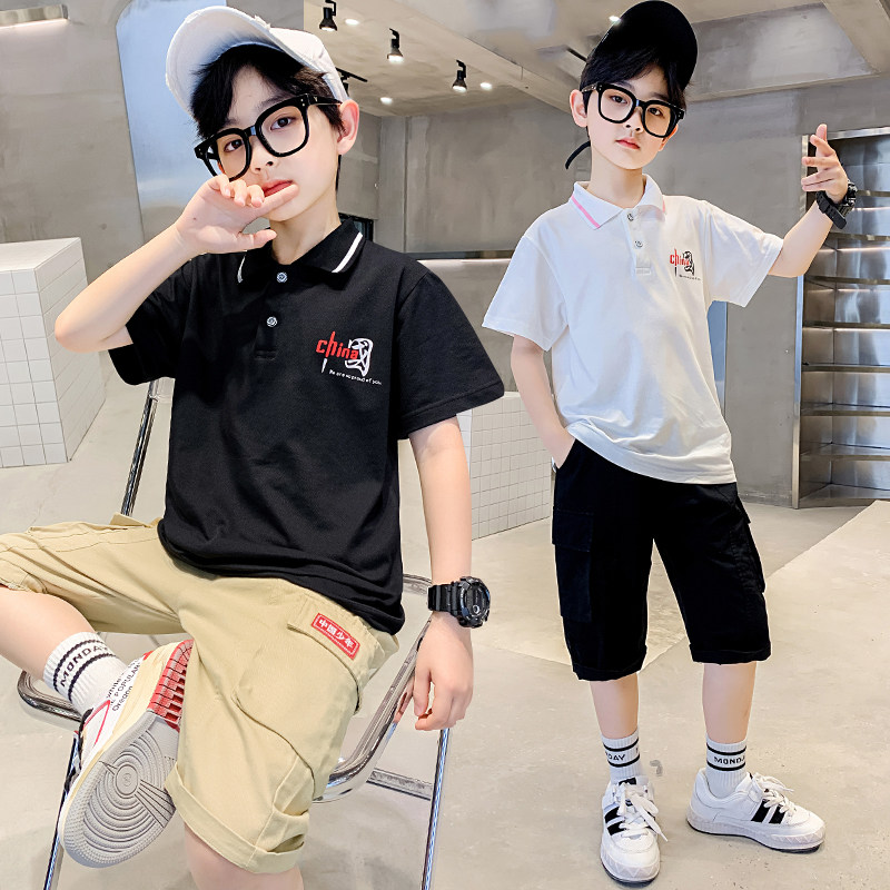 Boy Clothing Boy Suit Summer Slim Fit Large Boy Turned Collar Short Sleeve Polo Shirt Shorts Two Sets Handsome
