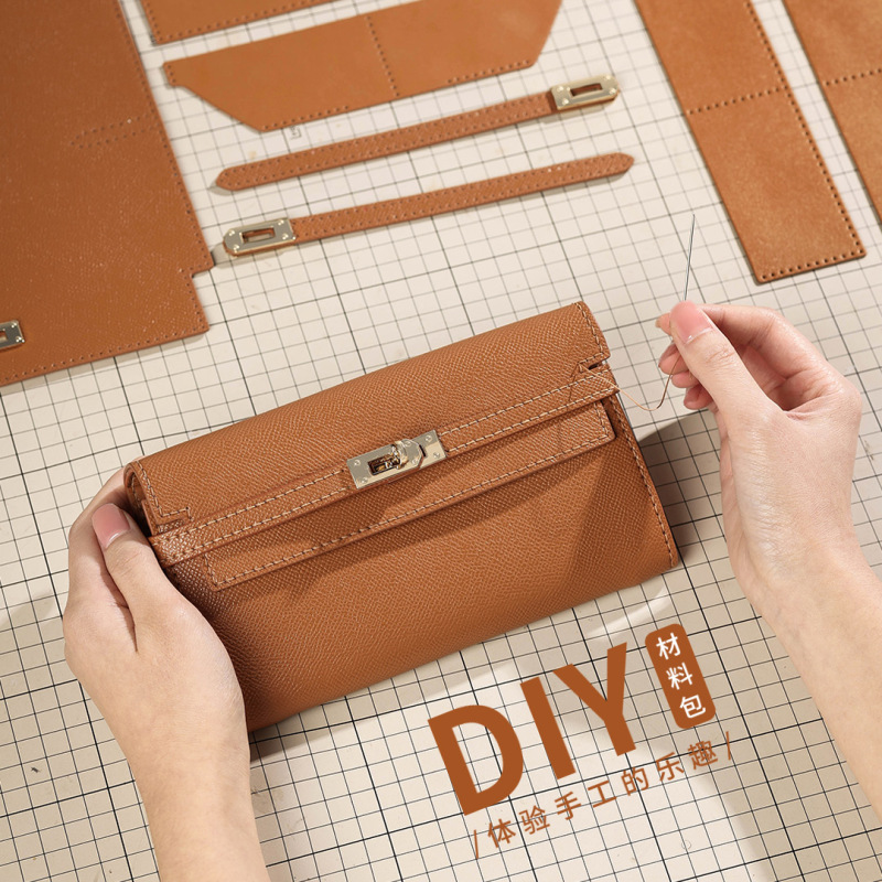 Silly Little Fish Handmade DIY Material Kit Kelly Genuine Leather Wallet Long Horizontal Style Women's Clutch Coin Purse Card Holder