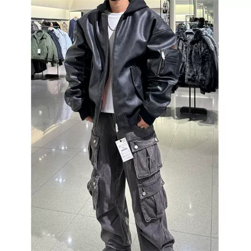 Черный короткий полиуретановый комплект, демисезонный пуховик, толстовка с капюшоном, куртка, изысканный стиль, в американском стиле, увеличенная толщина