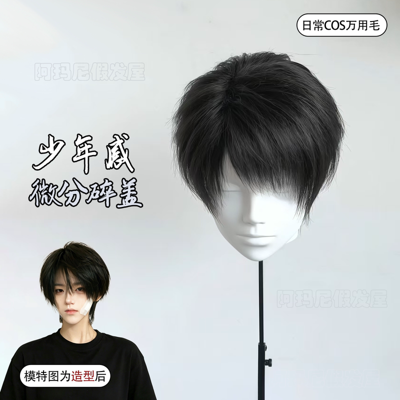 Wig for Boys, Short Hair with a Youthful Look, Natural Black, M-Shaped Bangs, Versatile for Everyday Use, Slightly Layered, Full Head Wig for Cosplay Wig for Boys, Short Hair with a Youthful Look, Natural Black, M-Shaped Bangs, Versatile for Everyday Use, Slightly Layered, Full Head Wig for Cosplay