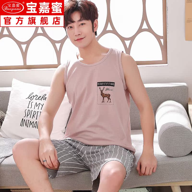 Mens đồ ngủ mùa hè bông ngắn tay mùa hè mens trẻ vest quần short bông cotton phù hợp với gia đình cộng với kích thước.