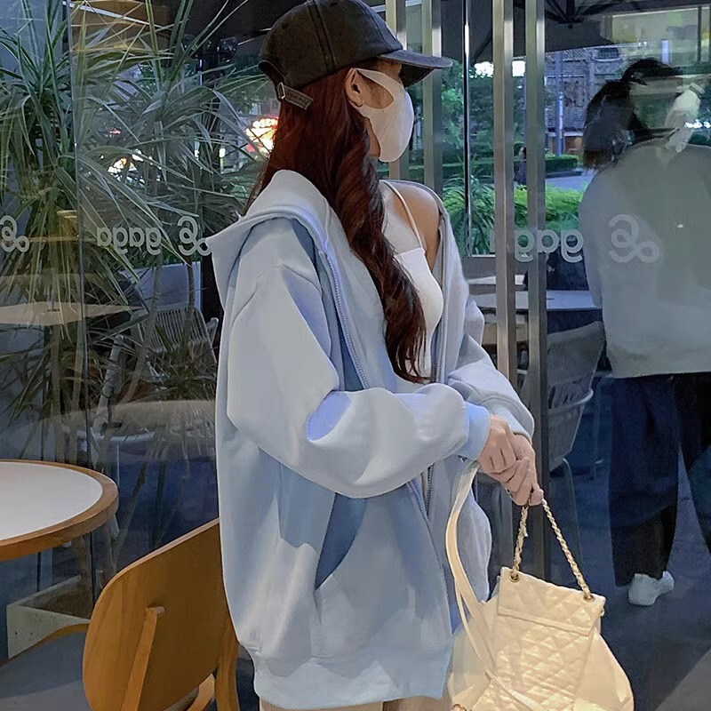 Hooded Sweatshirt for Women 2026 New Spring and Autumn Petite Loose Korean Style Lazy Cardigan Zipper Thin Jacket