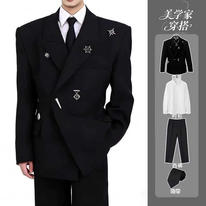 Niche Black Oversized Blazer with Shoulder Pads for Men, High-End Luxury Notch Lapel, Waist-Cinching Trendy Casual Suit