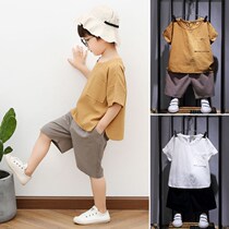 Boys summer suit tide 2022 new summer suit short-sleeved childrens foreign style boy handsome Korean version of cotton and linen two-piece suit