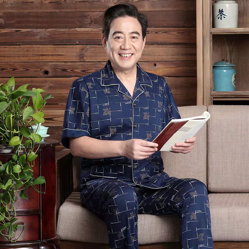 中老年男士睡衣纯棉薄款短袖家居服