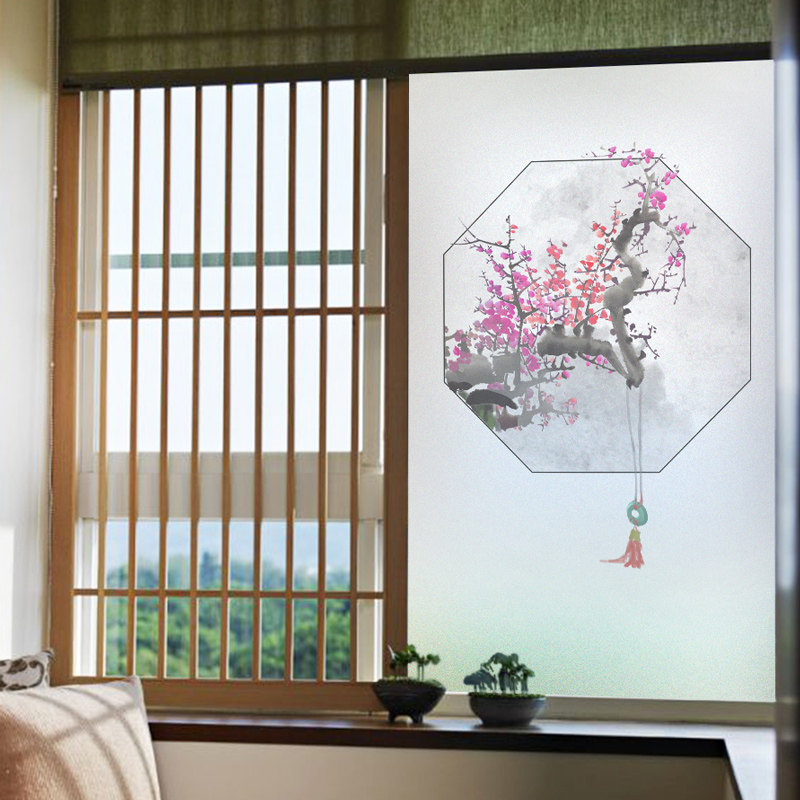 Chinese style decorative painting electrostatic glass sticker partition sliding door glue-free frosted sticker transparent opaque decorative sticker
