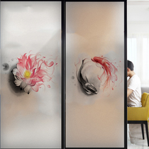 Chinese style personalized electrostatic frosted glue-free office sliding door glass paste fish Lotus transparent window glass film