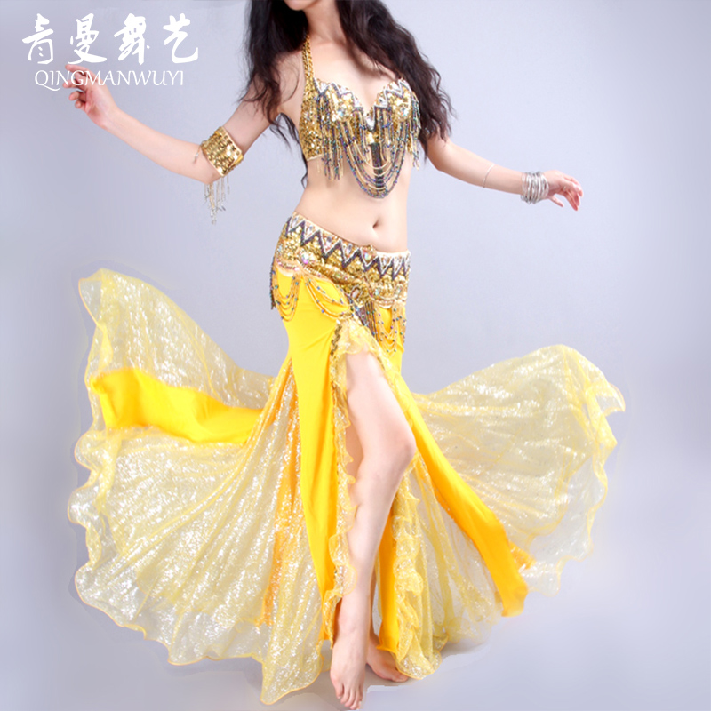 Qingman Belly Dance Summer Performance Costume Sexy Costume Suit Beaded Embroidered Bra Girdle Symphony Beads A-D Cup