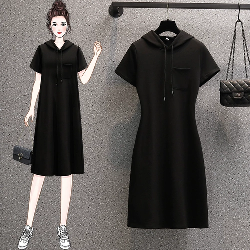 Черная тонкая юбка, модная толстовка с капюшоном для отдыха, платье, средней длины