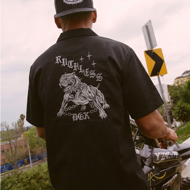 American Skateboard Pitbull Embroidery West Coast Chicano Street Dance Workwear Zipper Short-Sleeve Shirt Jacket American Skateboard Pitbull Embroidery West Coast Chicano Street Dance Workwear Zipper Short-Sleeve Shirt Jacket