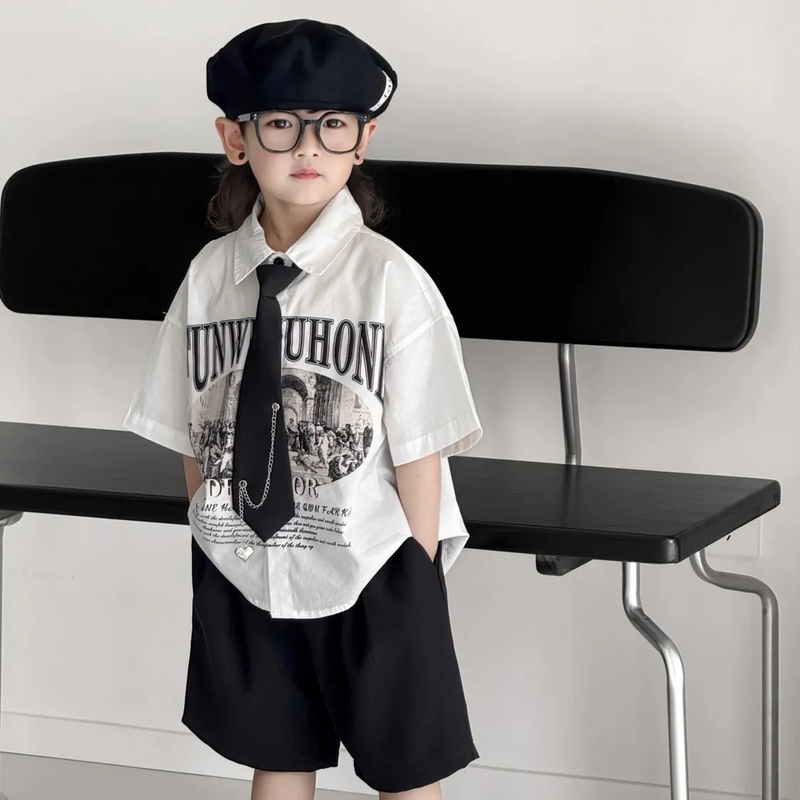 Boys' Shirt Set 2024 Summer Lapel Printed Short-Sleeved Top Kidsren's Stylish Tie Small Suit Shorts Trendy Boys' Shirt Set 2024 Summer Lapel Printed Short-Sleeved Top Kidsren's Stylish Tie Small Suit Shorts Trendy