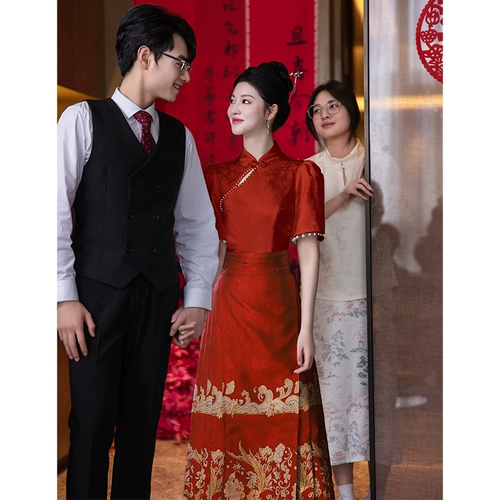 Вечернее платье, красное свадебное платье, ципао, комплект, китайский стиль