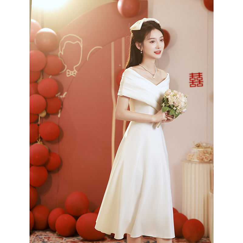 One-Shoulder White Mini Evening Dress, Can Be Worn Casually, Engagement Dress, Elegant Host Dress, Registration Ceremony White Dress