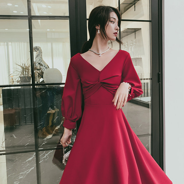 Toast dress bride 2021 new engagement long-sleeved wine red can usually wear winter back home wedding evening dress women