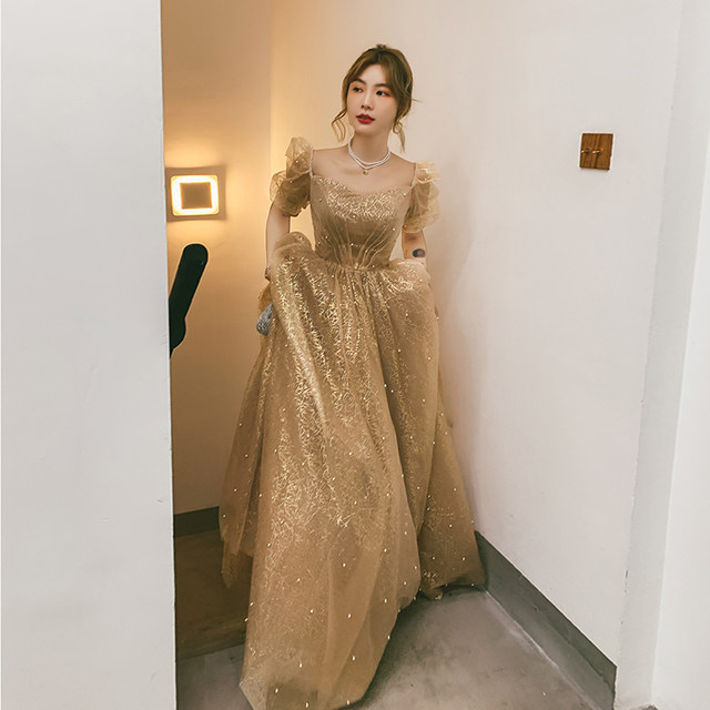 Evening dress 2021 new temperament chorus performance costume annual meeting host light luxury golden long champagne dress