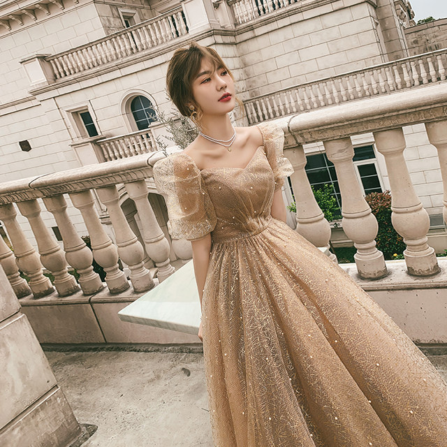 Evening dress 2021 new temperament chorus performance costume annual meeting host light luxury golden long champagne dress